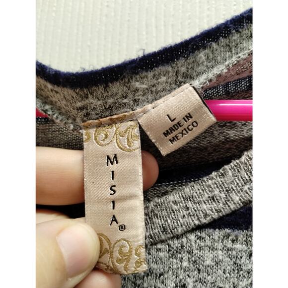 Misia Women's Size Large Navy Blue & Gray Striped 3/4 Sleeves Fuzzy Top - Picture 5 of 5